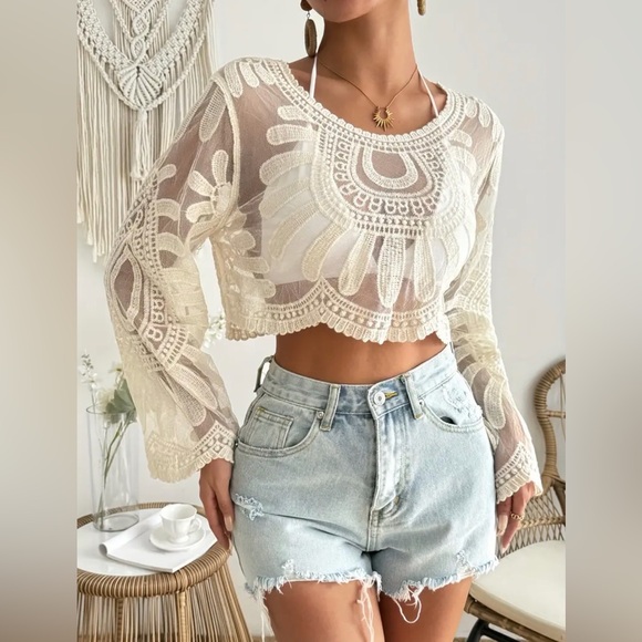 Tops - Boho Medallion Embroidered Sheer Crop Top | Cream Lace Festival Vibe Size M